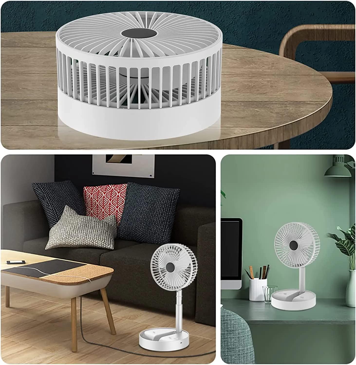 Powerful rechargeable table fan with sleek design for home or office use, offering adjustable airflow