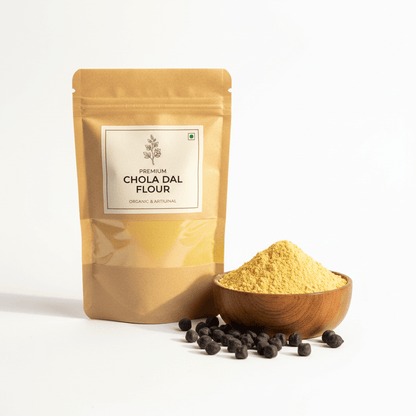 Premium Chola Dal Flour in a resealable bag with a bowl of flour and black seeds, chickpea flour is besan