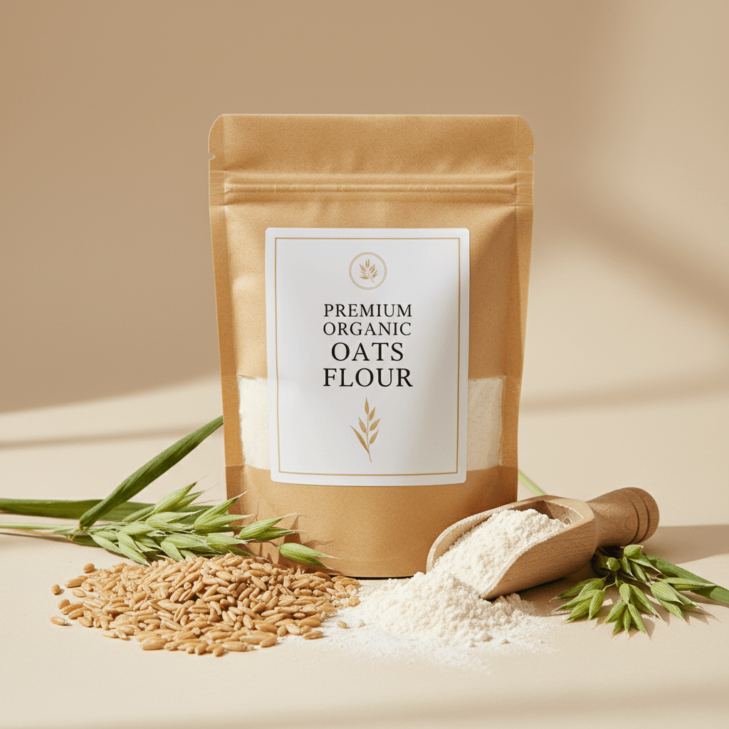 Premium Organic Oats Flour in a brown pouch with oats and a wooden scoop, ideal for baking and cooking