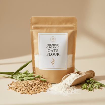 Premium Organic Oats Flour in a brown pouch with oats and a wooden scoop, ideal for baking and cooking