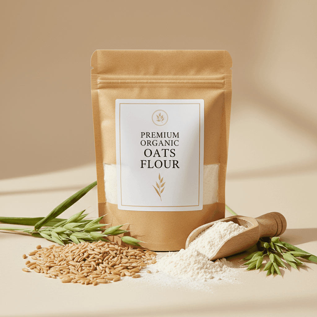 Premium Organic Oats Flour in a brown pouch with oats grains and a scoop for baking and cooking