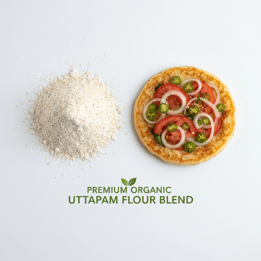 Premium organic Uttapam Flour blend with a colorful uttapam topped with tomatoes and onions