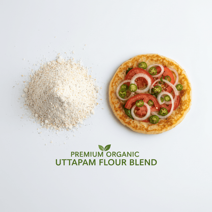 Premium organic Uttapam Flour blend with a colorful uttapam topped with tomatoes and onions