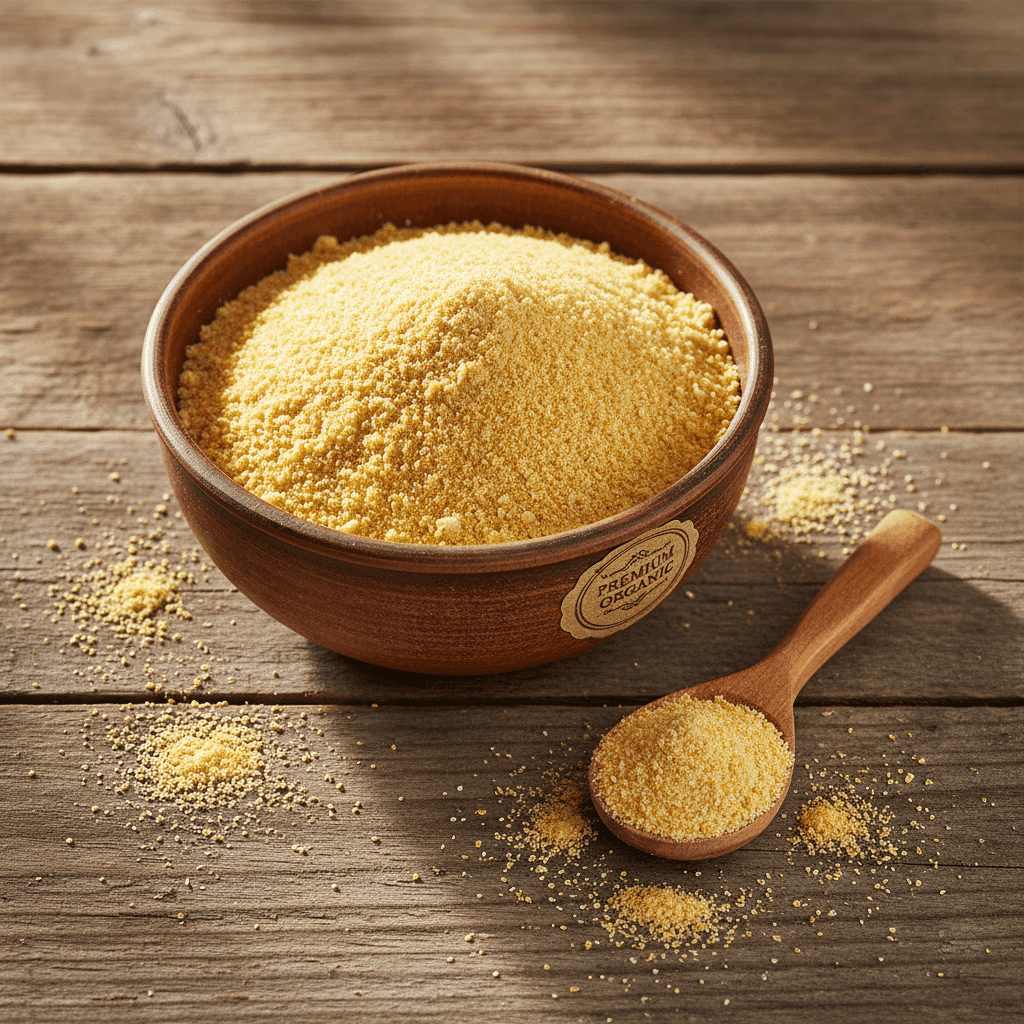 Organic Yellow Corn Flour in a wooden bowl with a spoon, ideal for baking and cooking