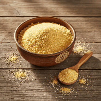 Organic Yellow Corn Flour in a wooden bowl with a spoon, ideal for baking and cooking