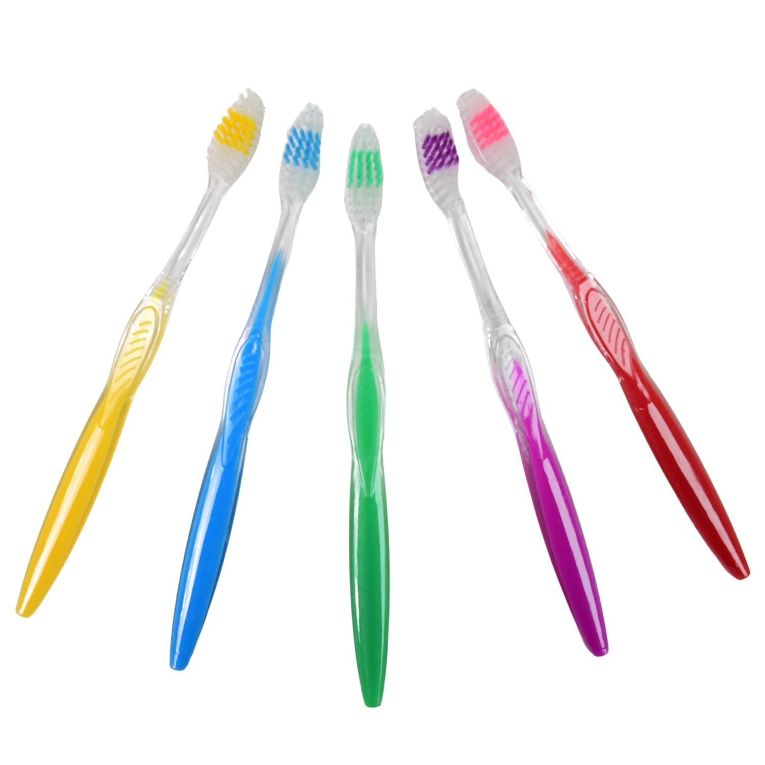 Colorful set of premium plastic toothbrushes in yellow, blue, green, red, and purple for effective dental care