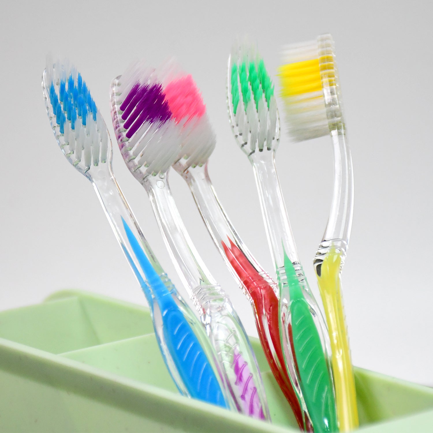 Colorful premium plastic toothbrushes displayed in a holder for effective oral care