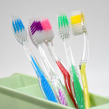 Colorful premium plastic toothbrushes displayed in a holder for effective oral care