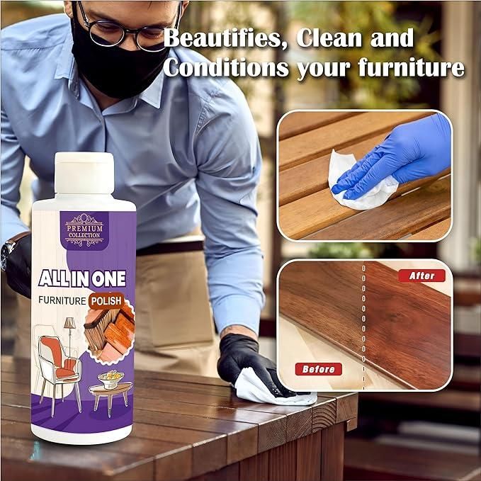 Man using wood furniture cleaner and polish on a wooden table for a fresh shine