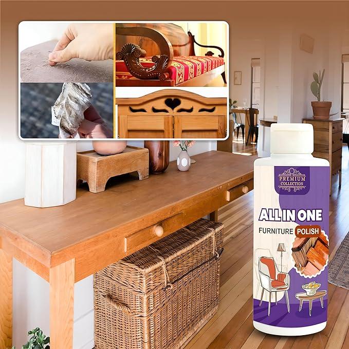 Premium wood furniture cleaner and polish in a bottle for restoring and shining wooden furniture