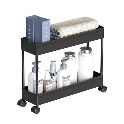 The Gir Farmer multipurpose plastic rack with wheels in black holding toiletries and towels