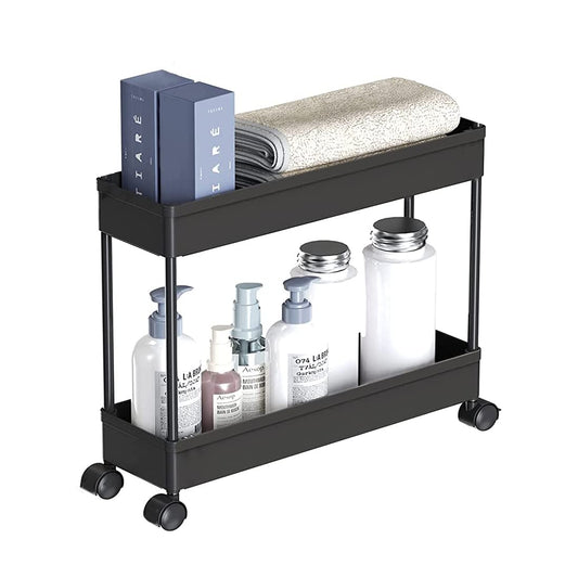 The Gir Farmer multipurpose plastic rack with wheels in black holding toiletries and towels