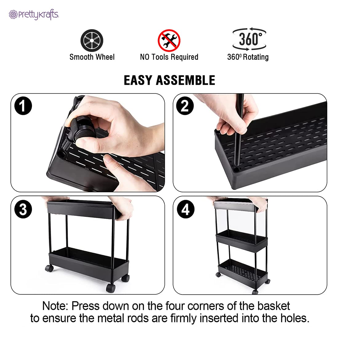 Step-by-step assembly instructions for multipurpose plastic rack with wheels showing hands attaching parts