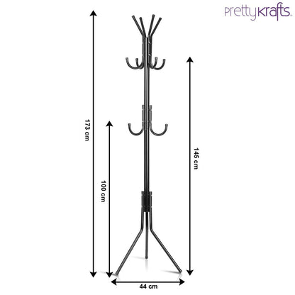 Black wrought iron coat rack stand with multiple hooks and tripod base measuring 44 cm wide