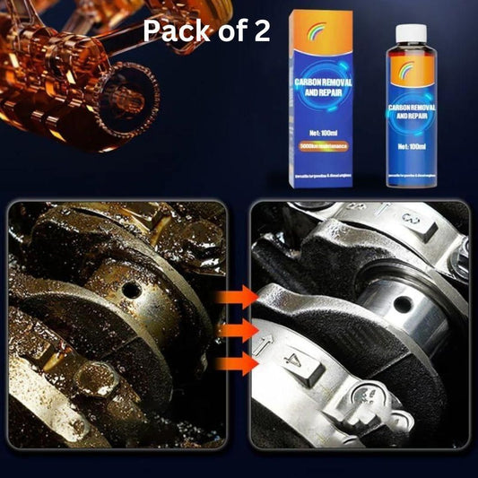 Pack of 2 carbon removal and repair agent bottles for engine cleaning and maintenance.