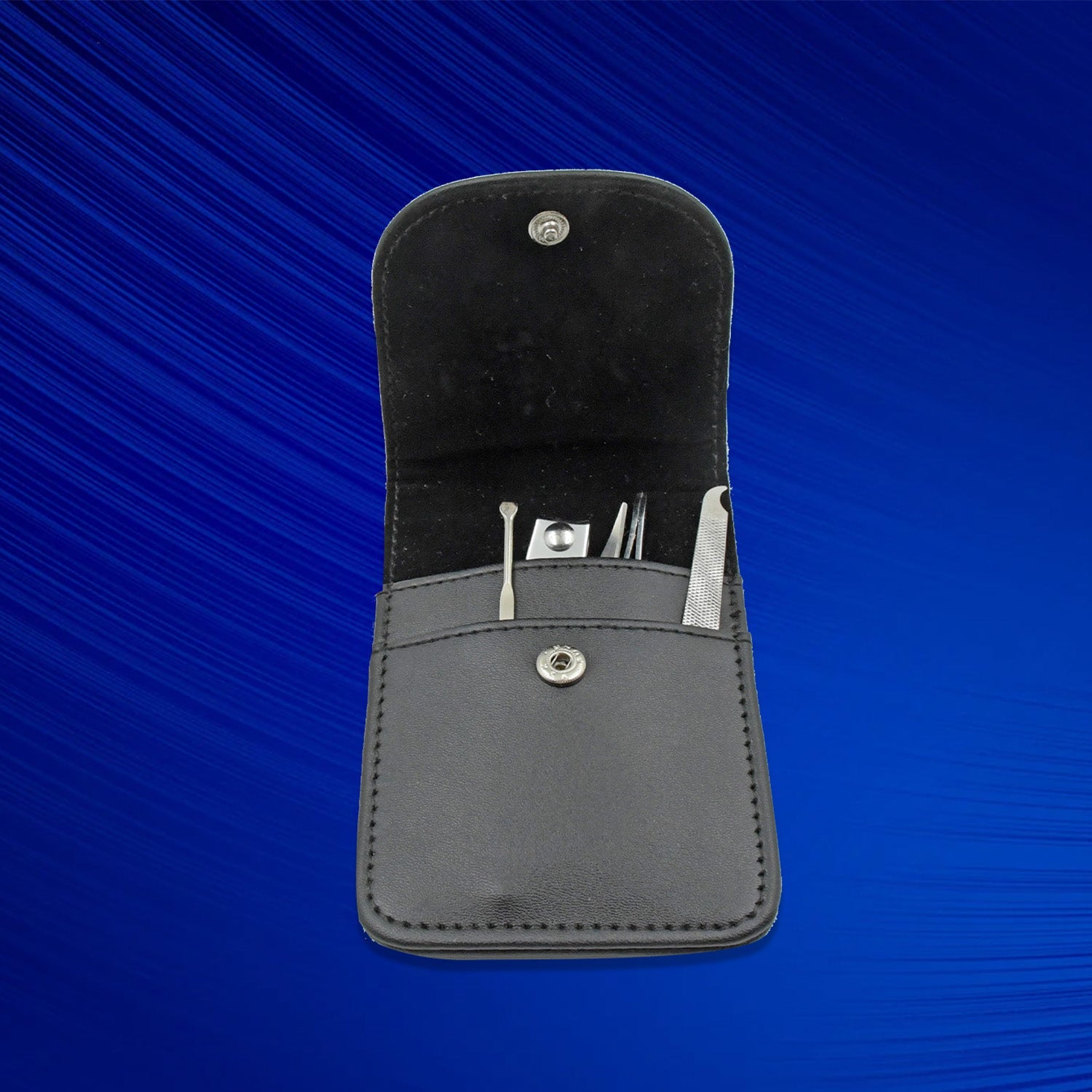 Professional nail care kit in a sleek black leather case with tools for grooming and nail care
