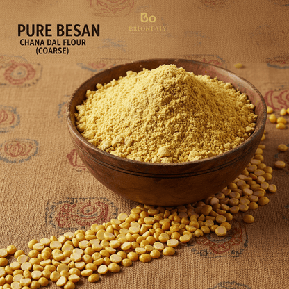 Organic Chana Dal Flour in a brown bowl with a coarse texture, ideal for baking and cooking