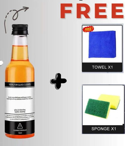 Powerful stain remover glass cleaning agent with free towel and sponge for effective cleaning