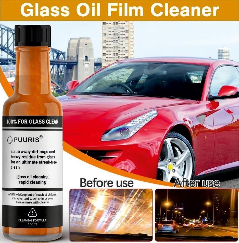 PUURIS Glass Oil Film Cleaner bottle, a powerful stain remover for crystal clear glass surfaces