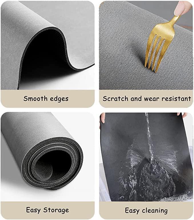 Grey quick drying kitchen mat with smooth edges, scratch-resistant surface, and easy storage