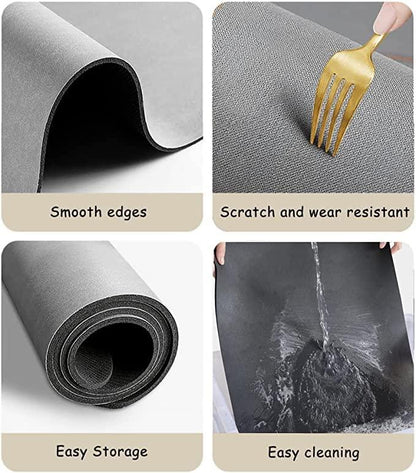 Grey quick drying kitchen mat with smooth edges, scratch-resistant surface, and easy storage