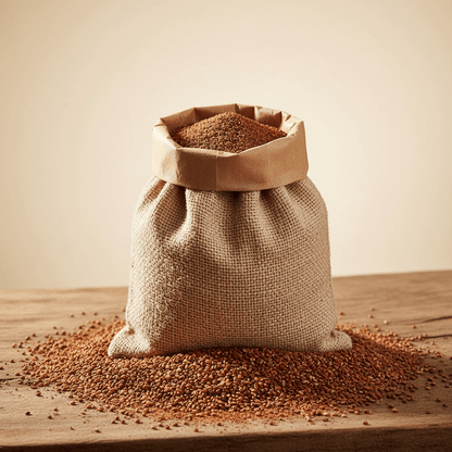 Brown ragi flour in a burlap sack with loose flour scattered on wooden surface