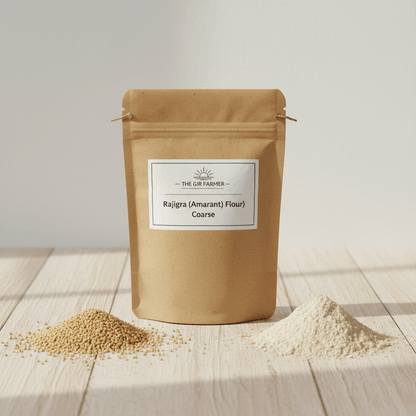 Rajgira Flour in a brown paper pouch with coarse texture for gluten-free baking and cooking