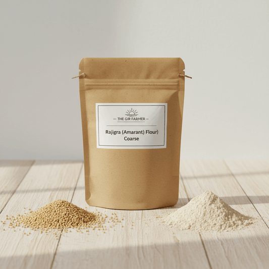 Rajgira Flour in a brown paper pouch with coarse texture for gluten-free baking and cooking