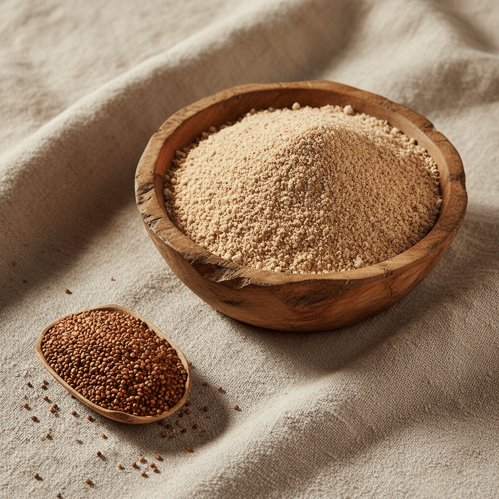 Brown Rajgira Flour in a wooden bowl with a scoop of red amaranth seeds beside it for baking and cooking