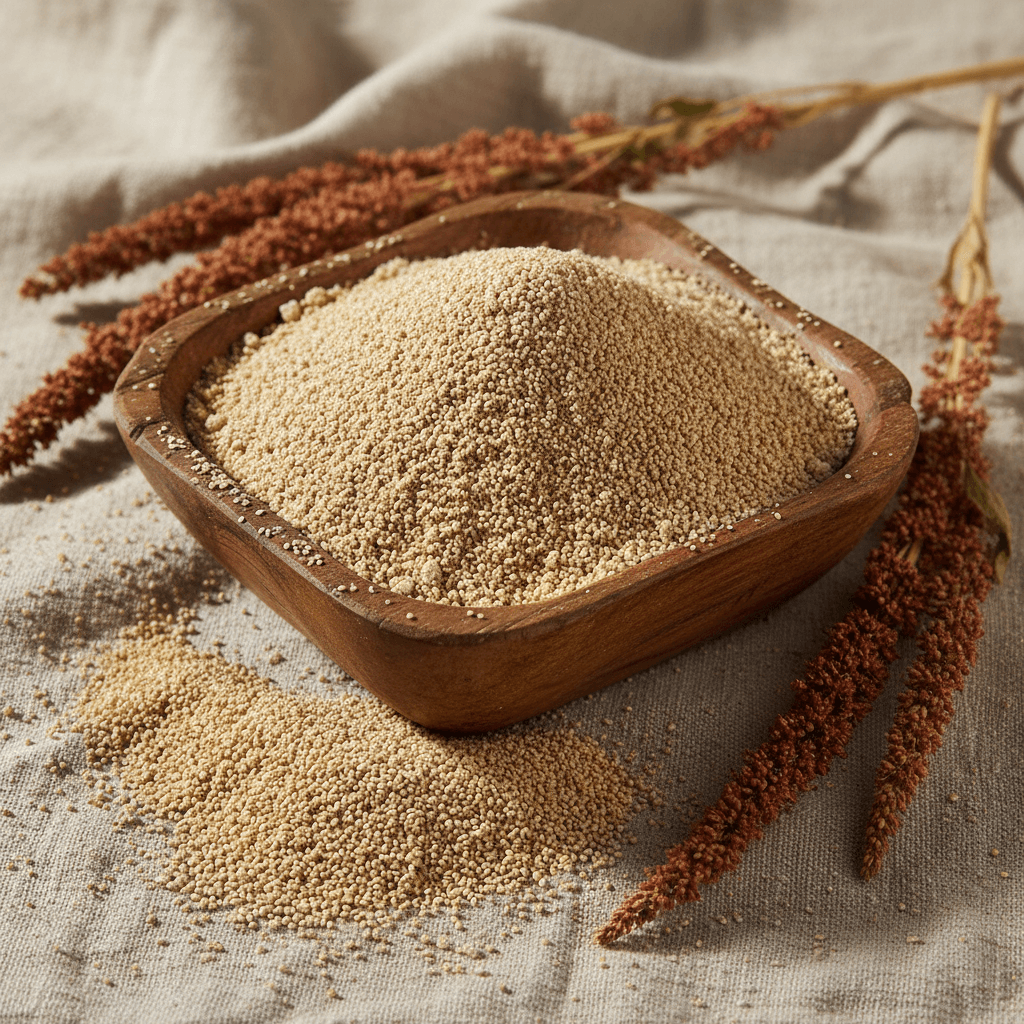 Natural Rajgira Flour in a wooden bowl, ideal for gluten-free cooking and baking