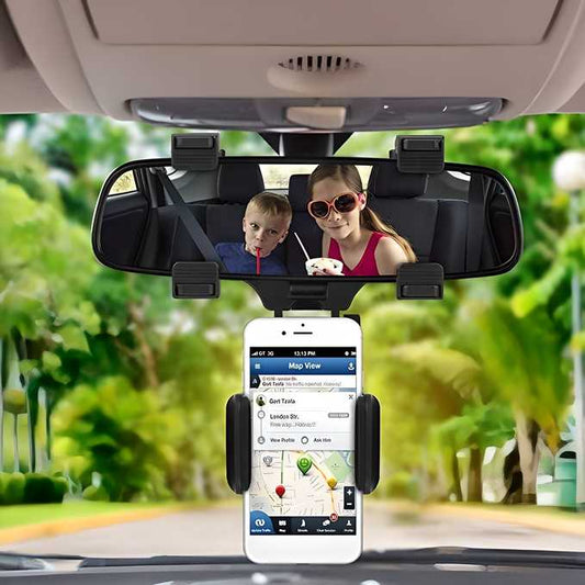 Rearview mirror phone holder securely holding a smartphone for navigation while kids enjoy snacks in the backseat