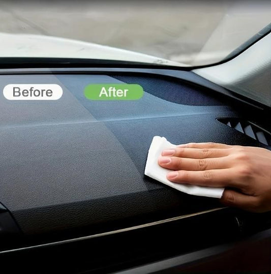 Hand using multi functional car wax spray to clean and shine a car dashboard showing before and after effect