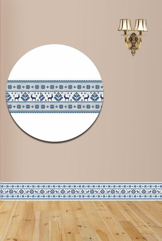 The Gir Farmer blue and white removable wall border for home decor featuring traditional tribal patterns on a beige wall