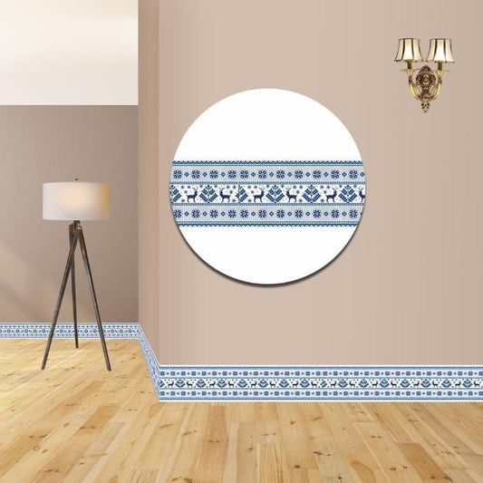 Blue and white removable wall border for home decor with geometric and animal patterns in modern living room