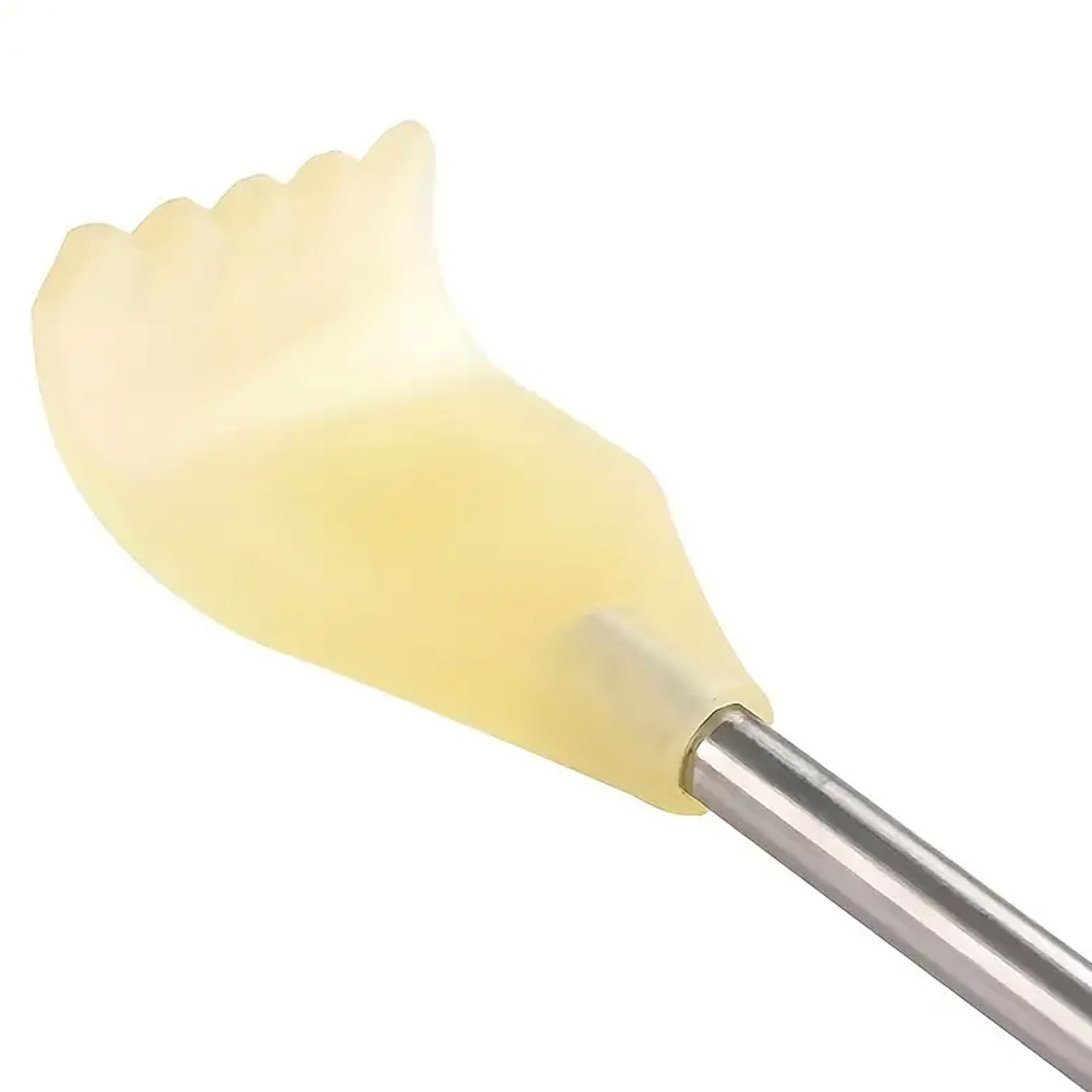 Retractable metal back scratcher with a soft hand-shaped grip for easy scratching