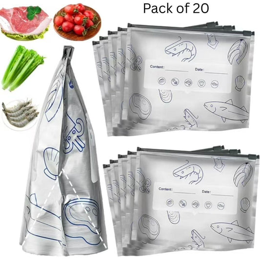 Pack of 20 reusable aluminum foil storage bags with secure seal and food illustrations