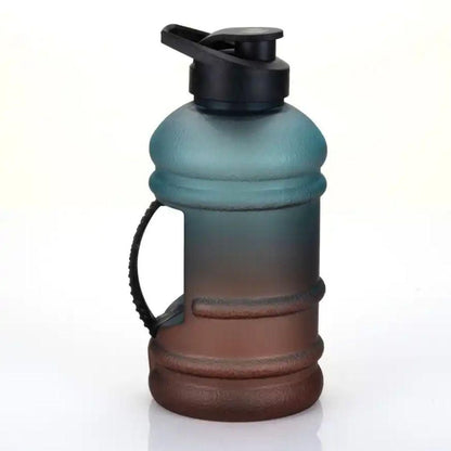Reusable fitness water jug with gradient blue and brown design and black handle and lid