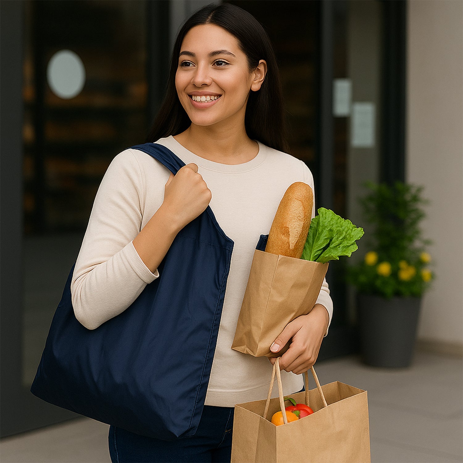 Woman carrying a reusable grocery bag with handles and food items, including a baguette and vegetables