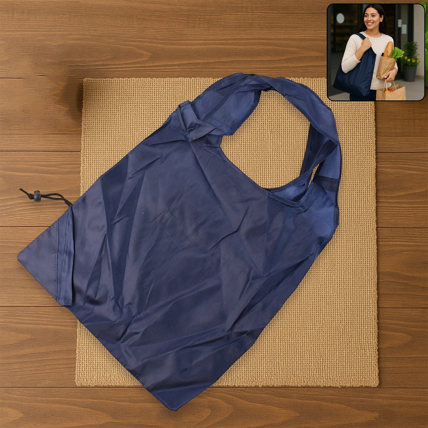 Your Brand reusable grocery bag with handles in navy blue, perfect for eco-friendly shopping