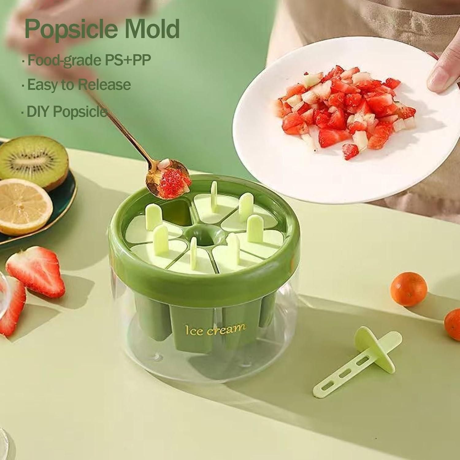 Green reusable ice pop molds with easy-release feature, ideal for making DIY popsicles