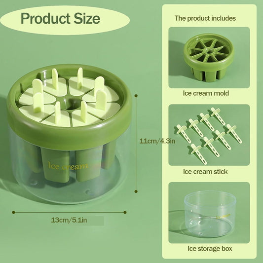 Green reusable ice pop molds with six slots and storage container for making homemade ice pops