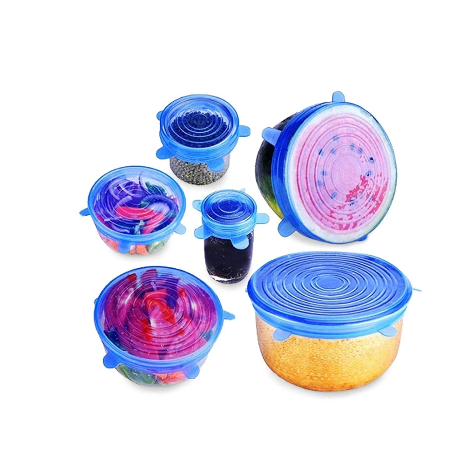THE GIR FARMER reusable lids for bowls and containers in various sizes and blue color sealing different foods
