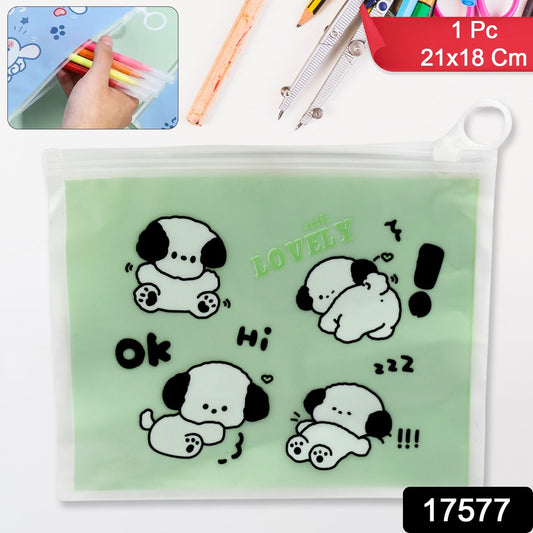Reusable multipurpose pouch for kids featuring cute dog illustrations and a transparent design