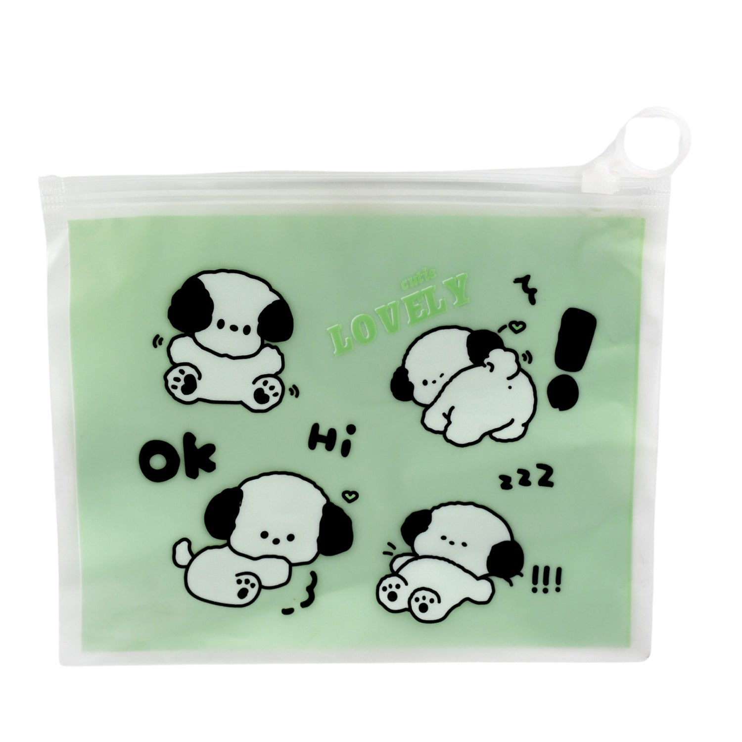 Cute green reusable multipurpose pouch for kids featuring adorable puppy illustrations
