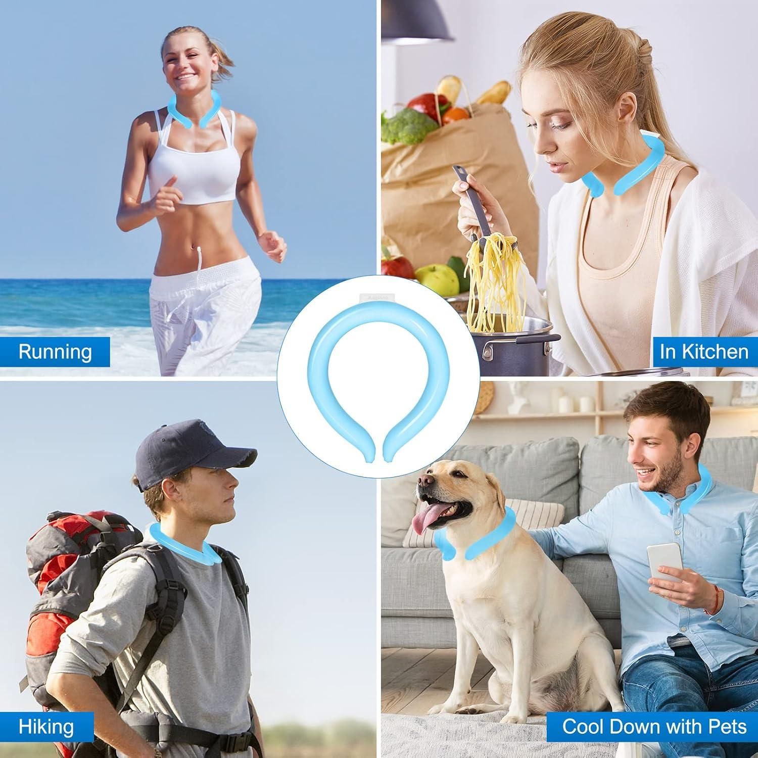 People using reusable neck cooling wrap for running, cooking, hiking, and relaxing with pets