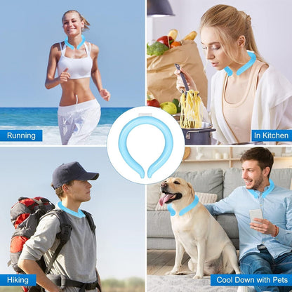 People using reusable neck cooling wrap for running, cooking, hiking, and relaxing with pets