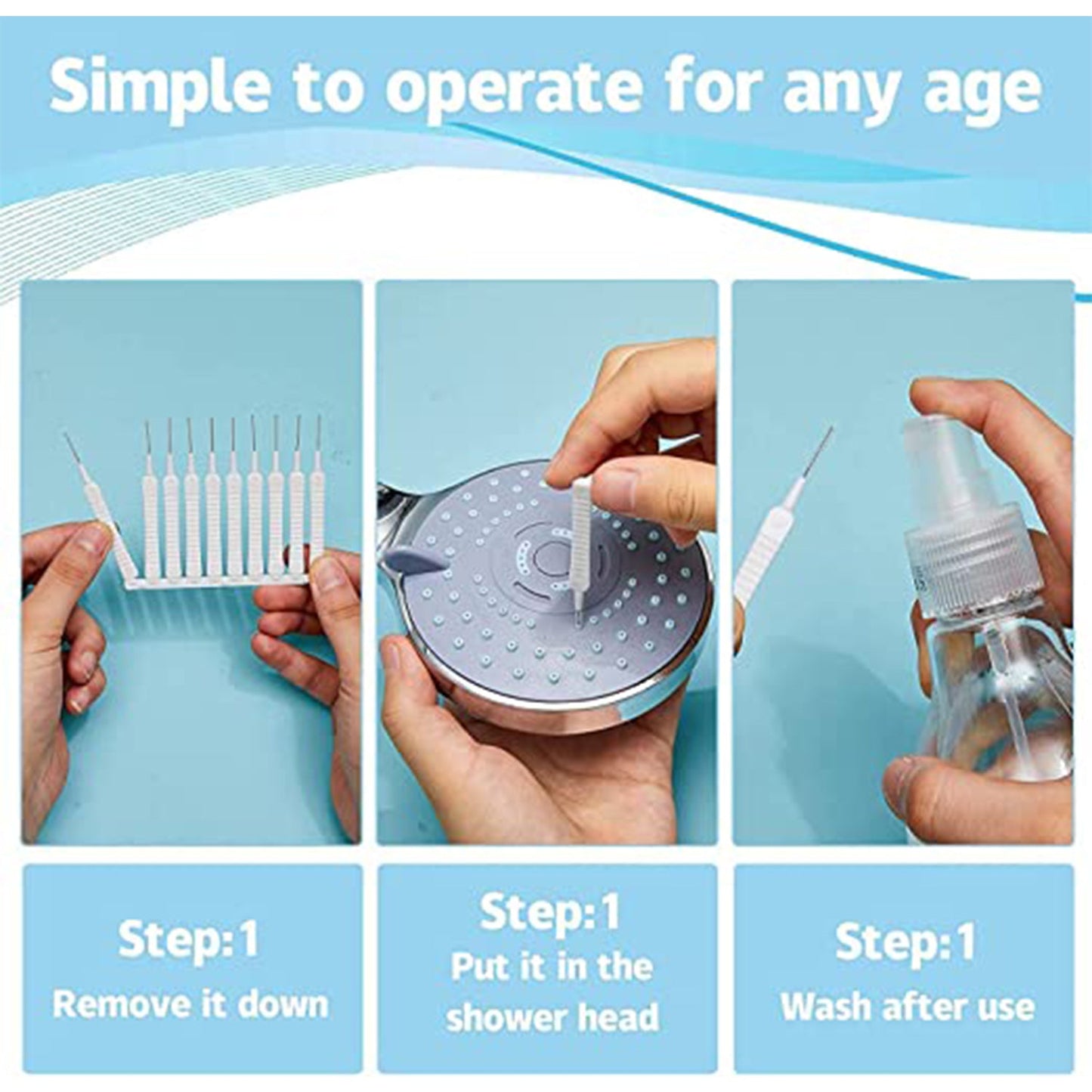 Step-by-step guide showing reusable shower nozzle cleaning brush for easy operation and maintenance