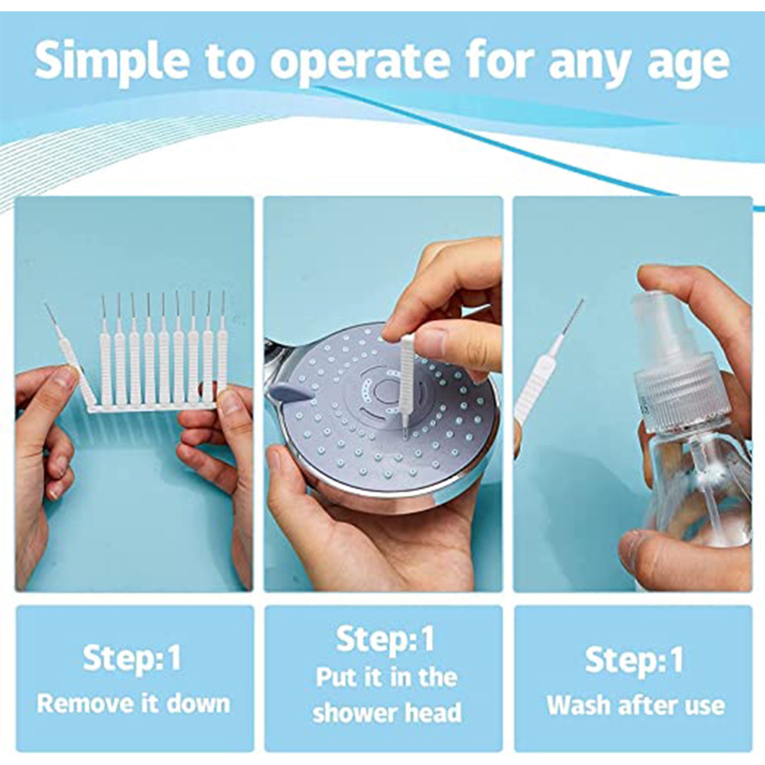 Step-by-step guide showing reusable shower nozzle cleaning brush for easy operation and maintenance