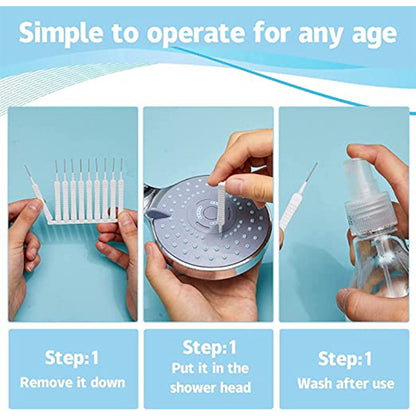Step-by-step guide showing reusable shower nozzle cleaning brush for easy operation and maintenance