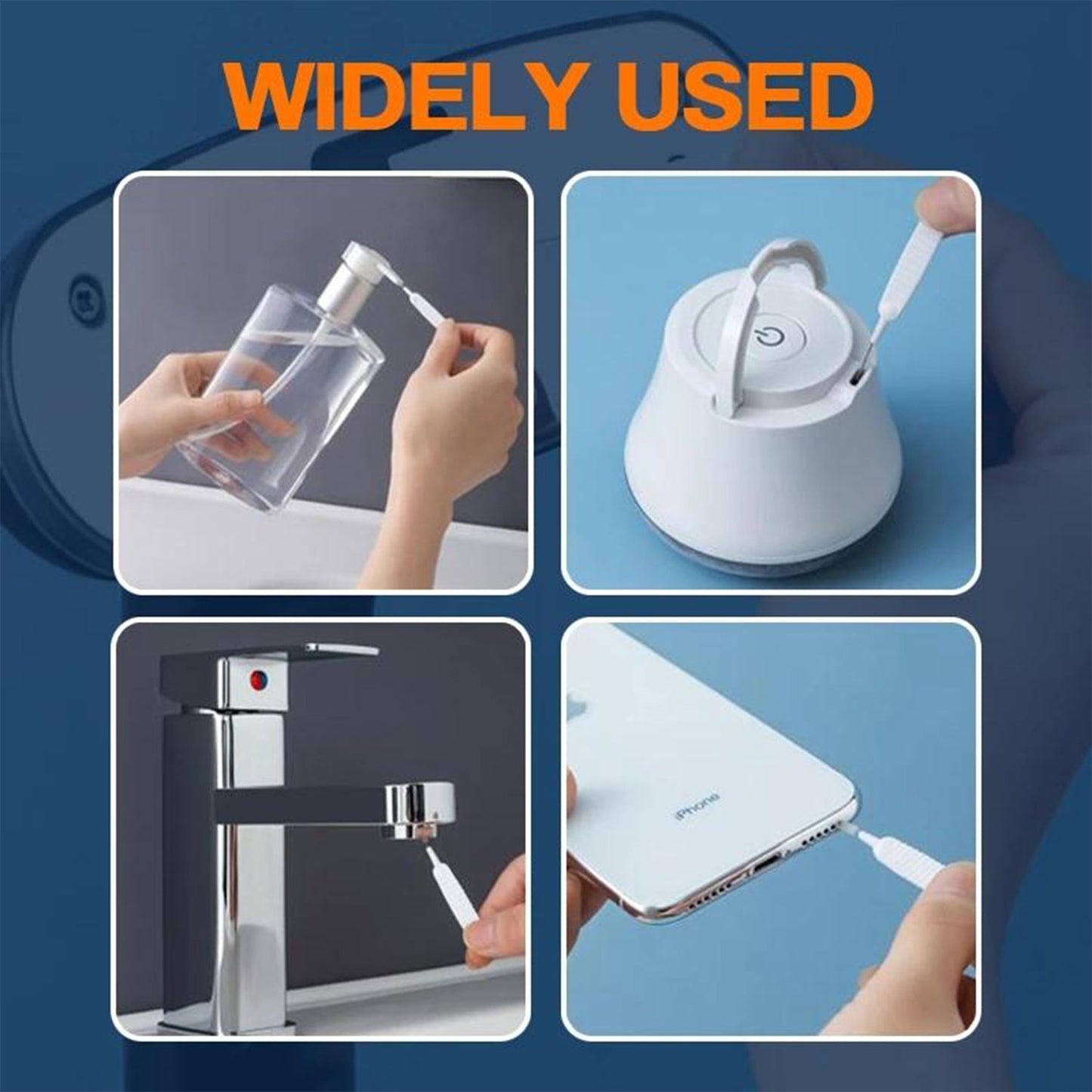 Reusable shower nozzle cleaning brush shown in various cleaning applications for versatility and convenience